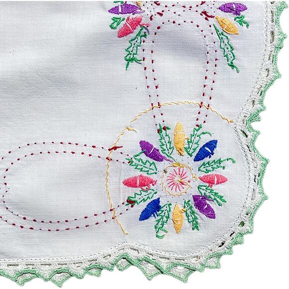 Vintage 40"x17" Hand-Embroidered Floral Boho Tablecloth Runner w/Crochet Trim - Picture 11 of 11